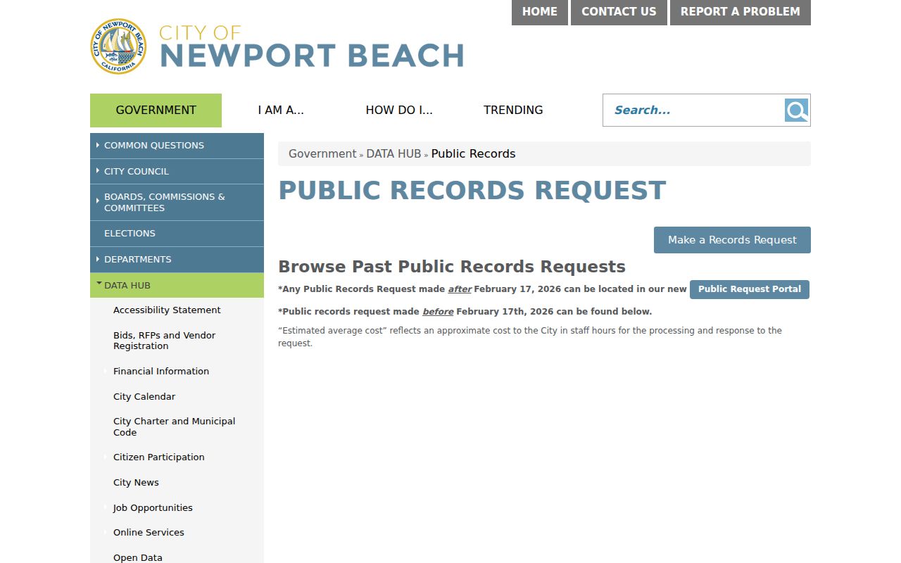 Newport Beach public records request portal for requests after February 17 2026