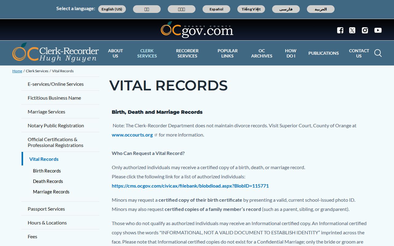 Newport Beach public records certificate options from Orange County vital records