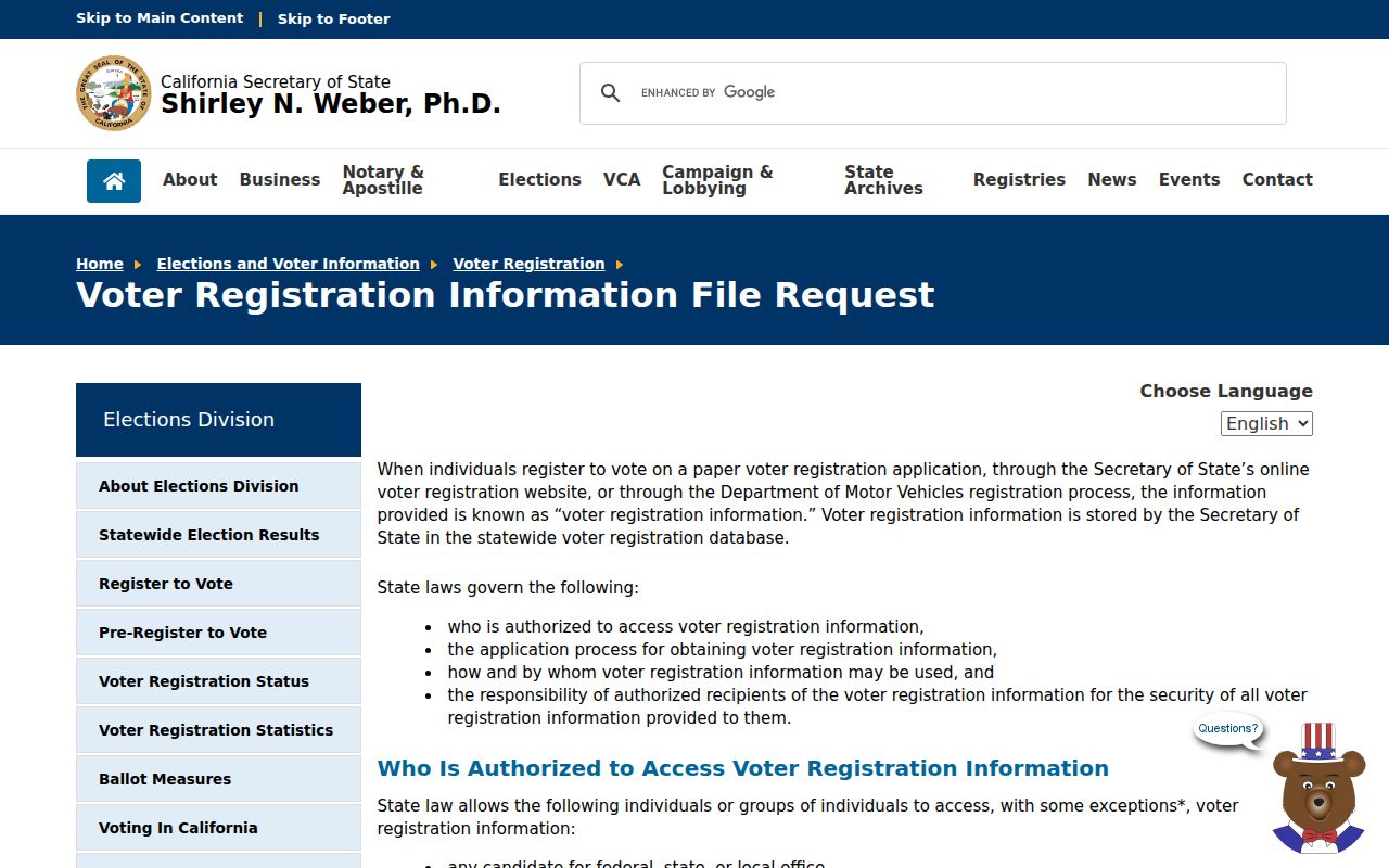 Newport Beach voter records California statewide file request