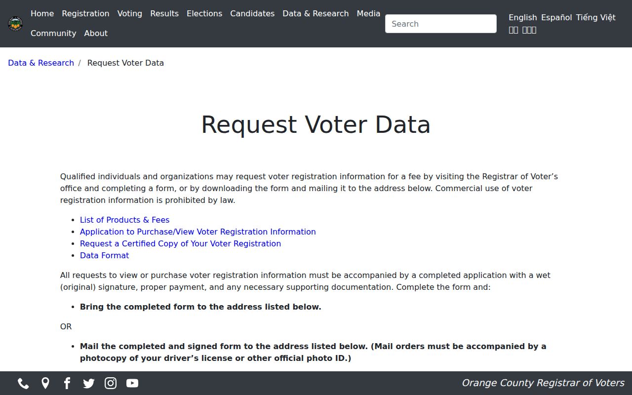 Newport Beach voter records Orange County data request page